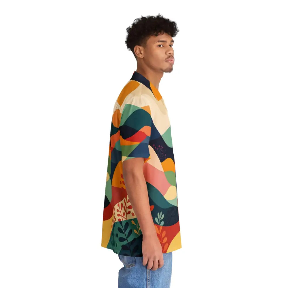 Colorful patterned short-sleeve Hawaiian shirt from PixiOnyx Sunset Grove collection