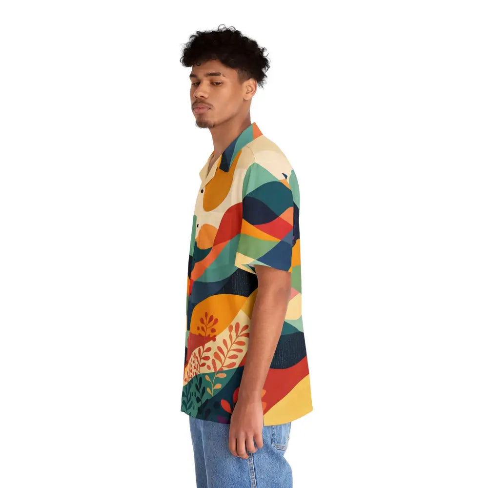 Man in colorful patterned Hawaiian shirt from PixiOnyx Sunset Grove collection