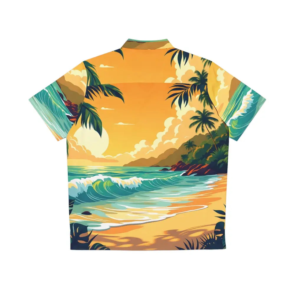 Men’s Hawaiian shirt featuring a tropical beach scene and sunset colors for a vibrant look