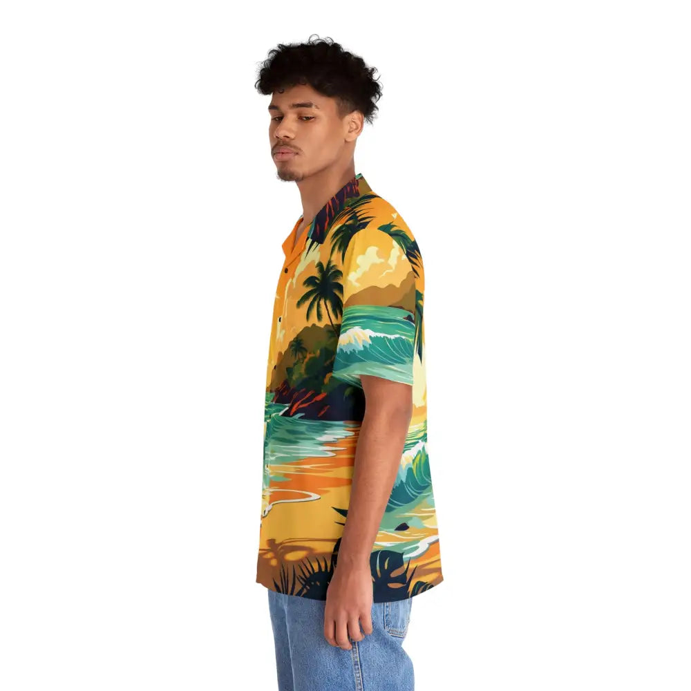 Man in tropical print Hawaiian shirt from PixiOnyx Sunset Mirage Retreat collection