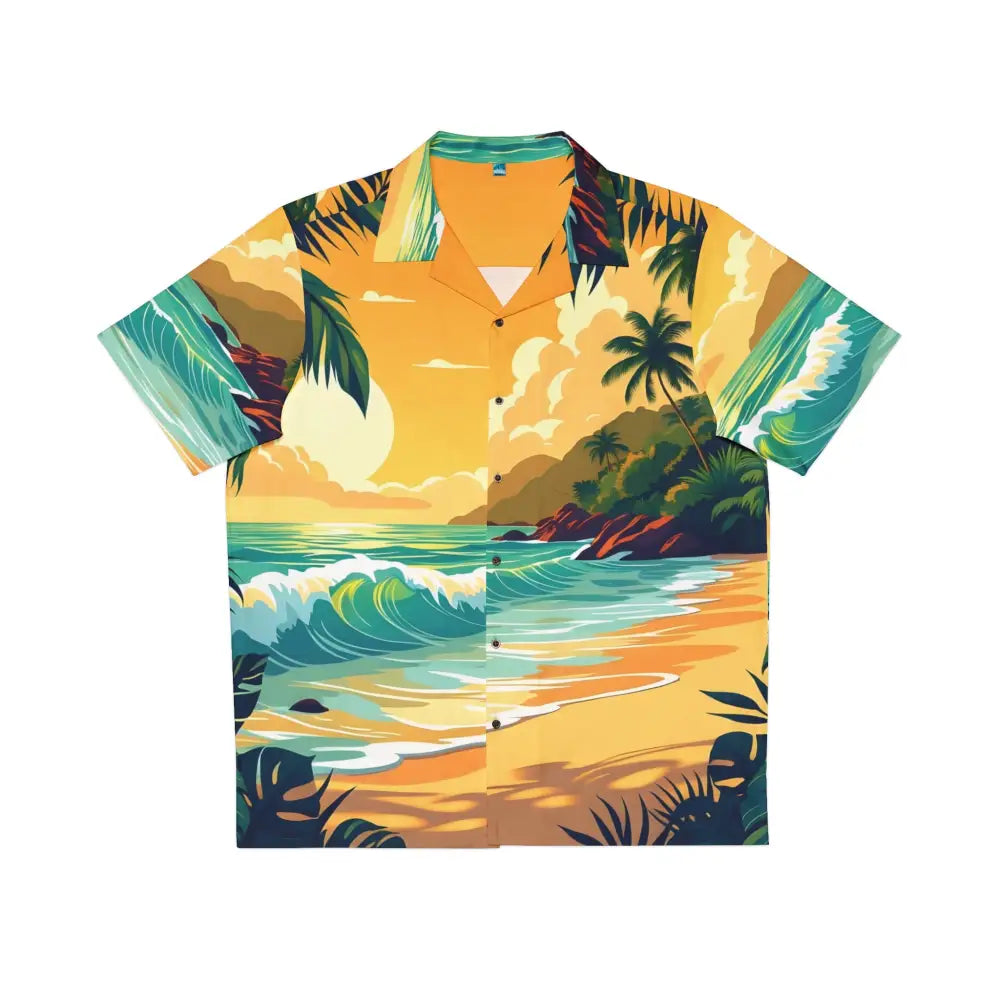 Tropical beach-themed button-down shirt from Men’s Hawaiian Shirt Sunset Mirage Retreat PixiOnyx