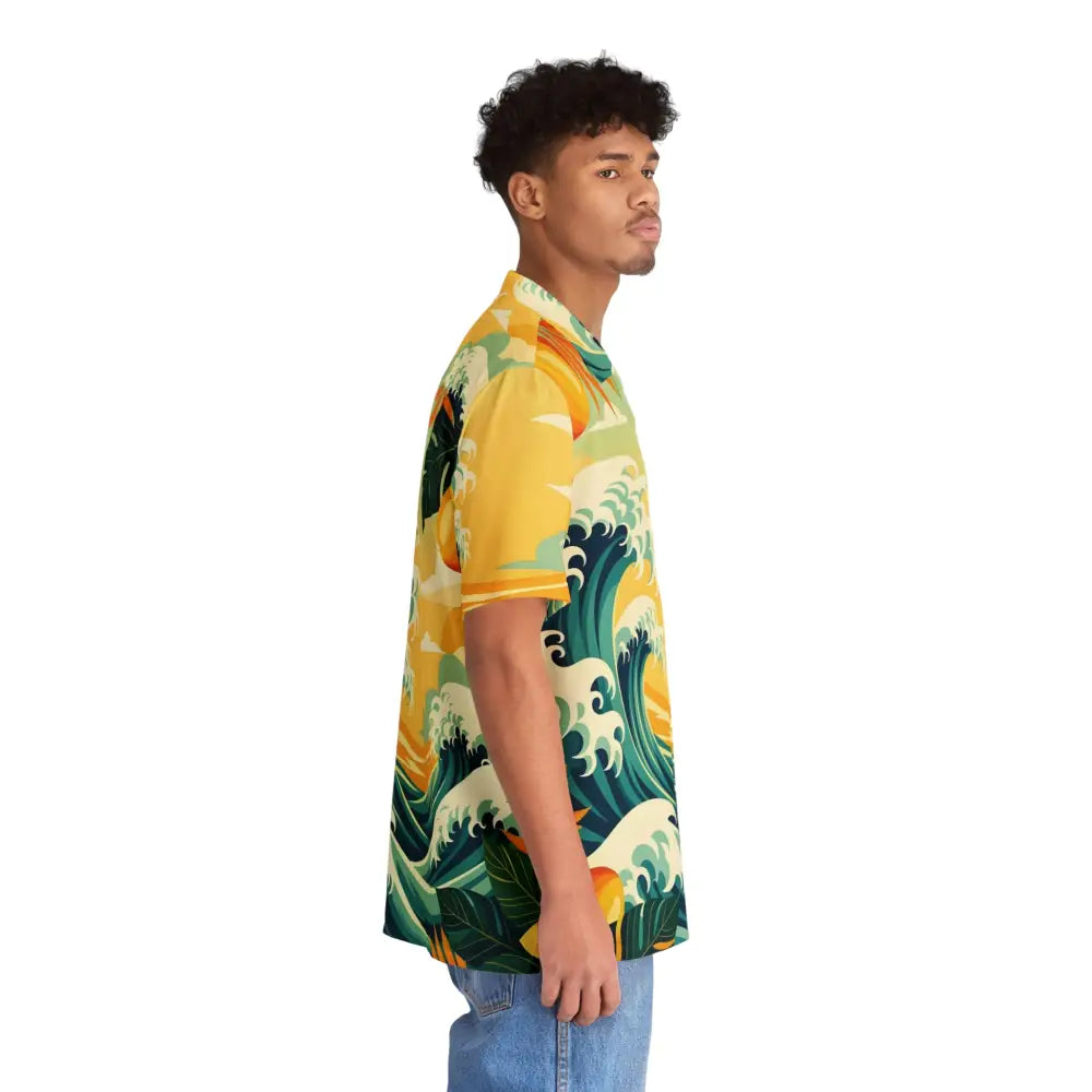 Man wearing a yellow wave-patterned Hawaiian shirt from PixiOnyx Mango Surf Button-Up