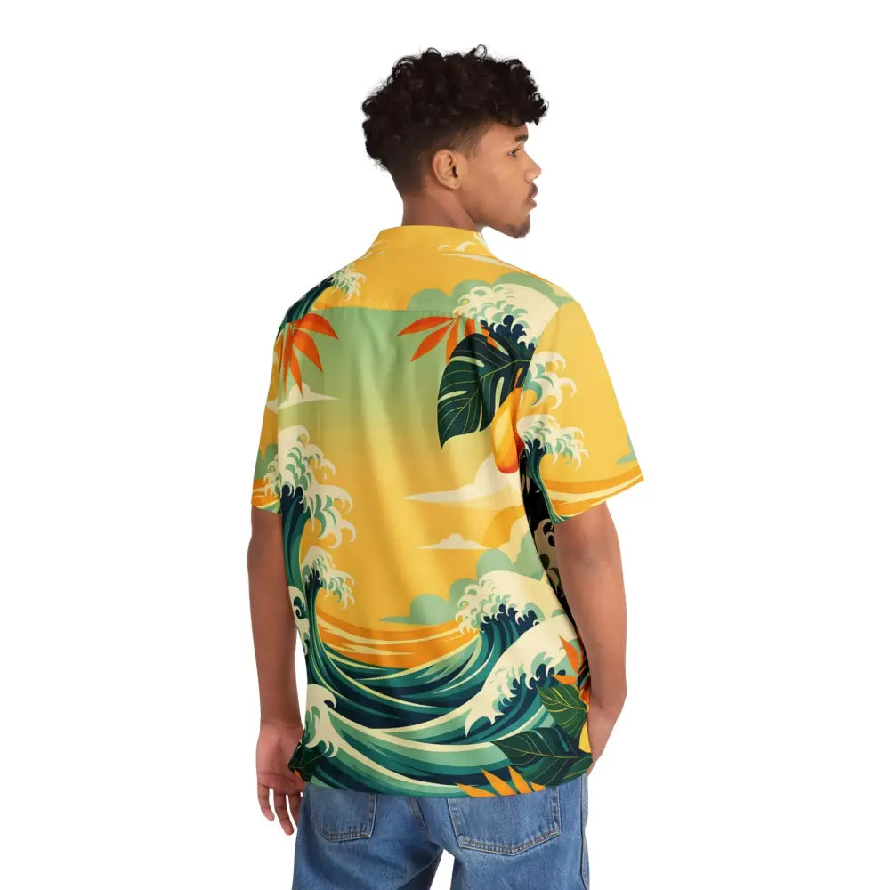 Men’s Hawaiian shirt with a tropical wave print for a beach-ready look