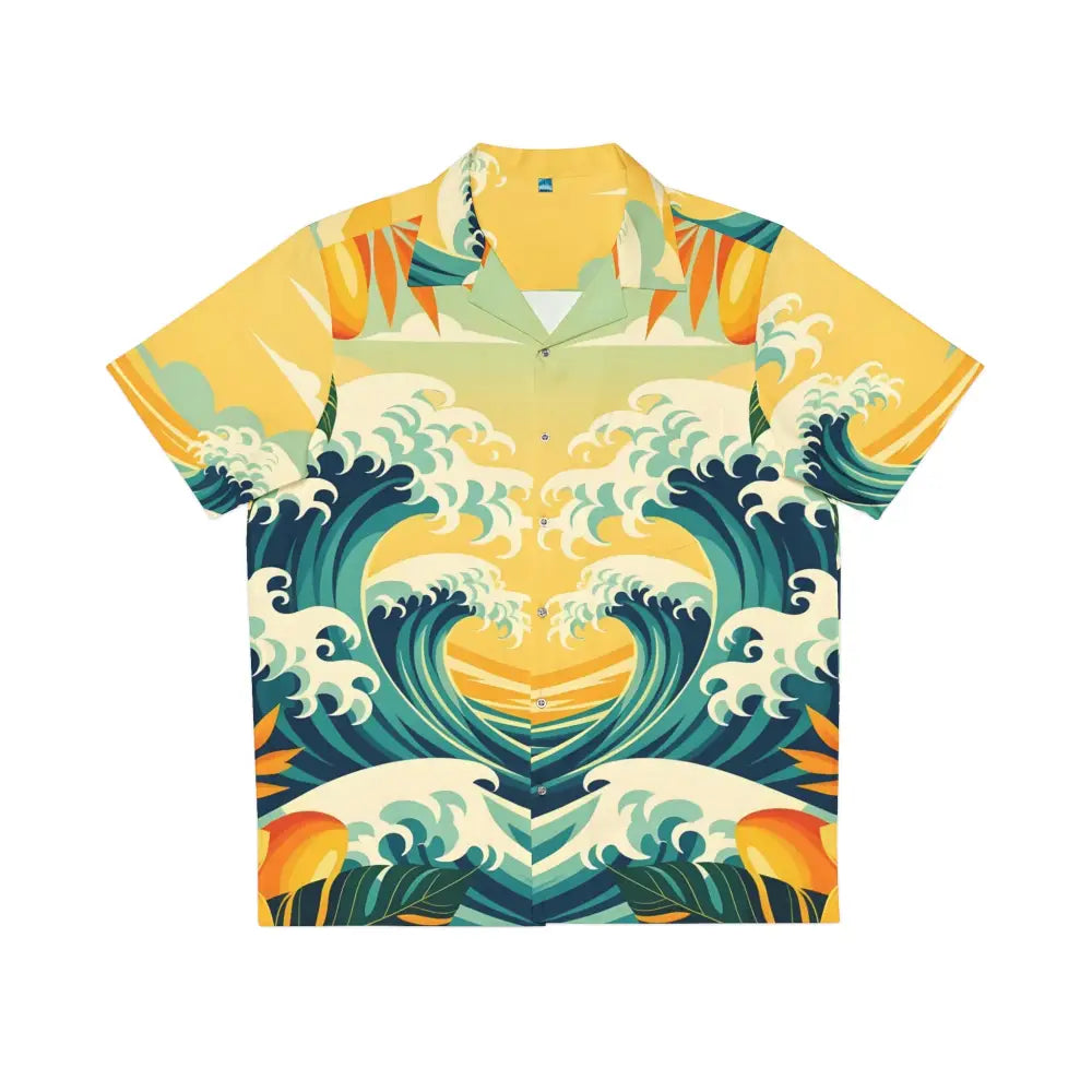Yellow Hawaiian shirt with wave pattern for Men’s Tropical Wave PixiOnyx Mango Surf Button-Up