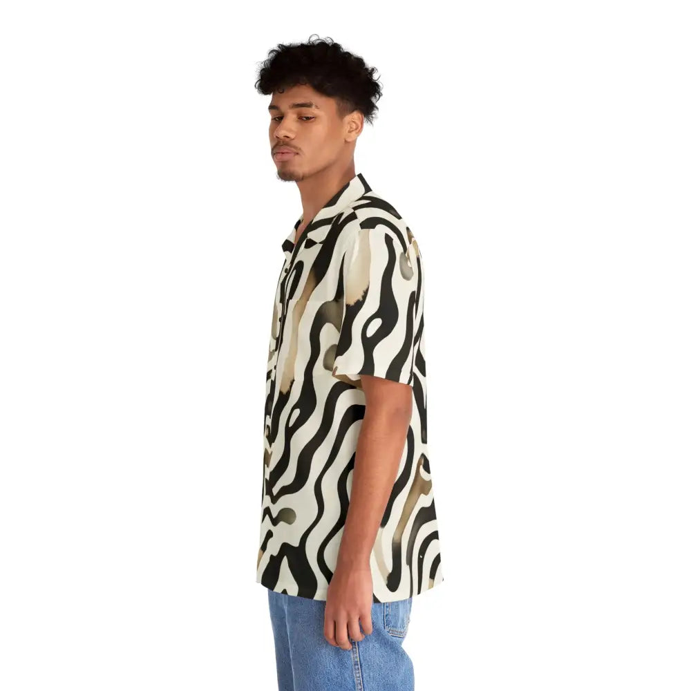 Man wearing a patterned short-sleeved Hawaiian shirt from PixiOnyx Surrealwear Waveline Ritual collection