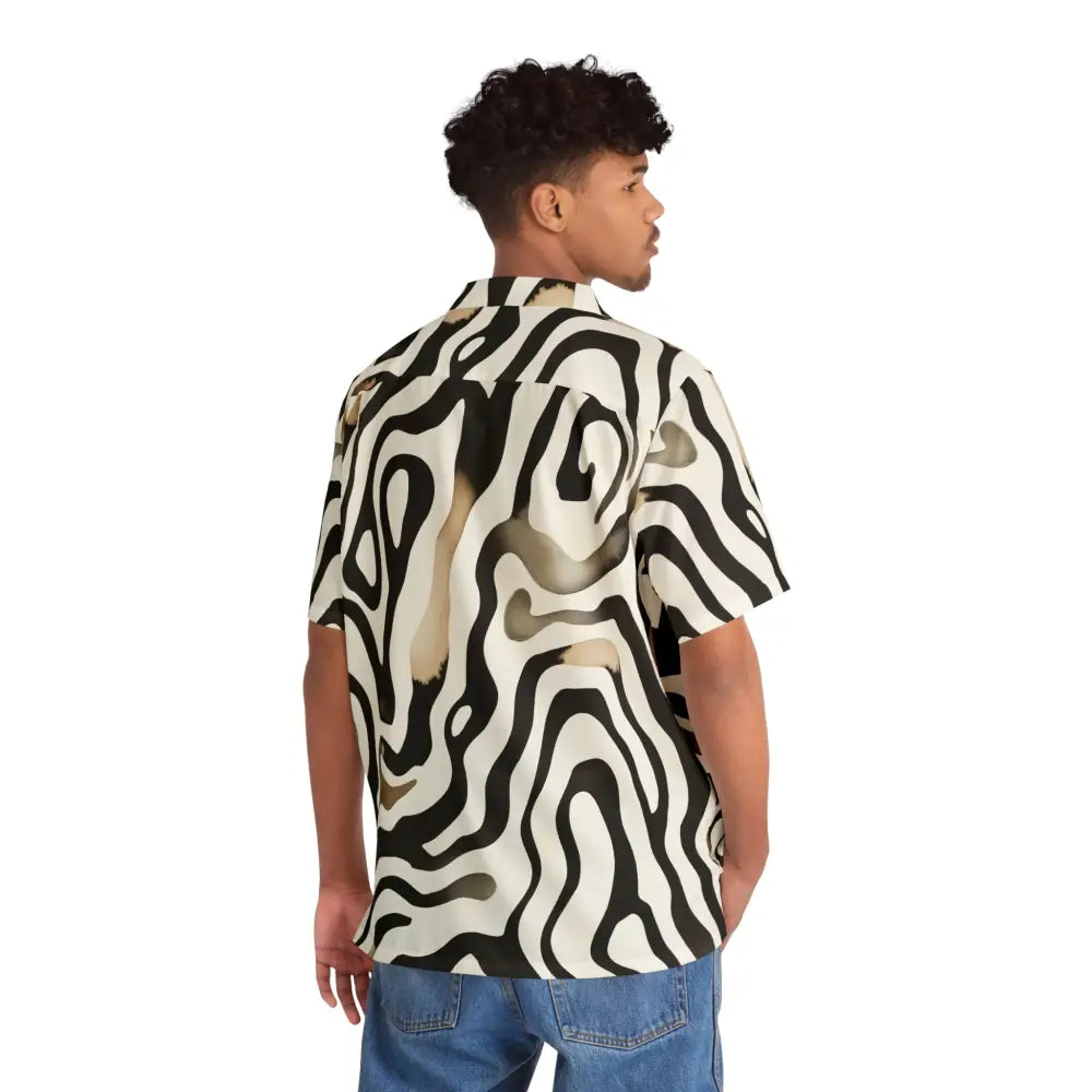 Man wearing zebra-striped short-sleeved Hawaiian shirt from PixiOnyx Surrealwear