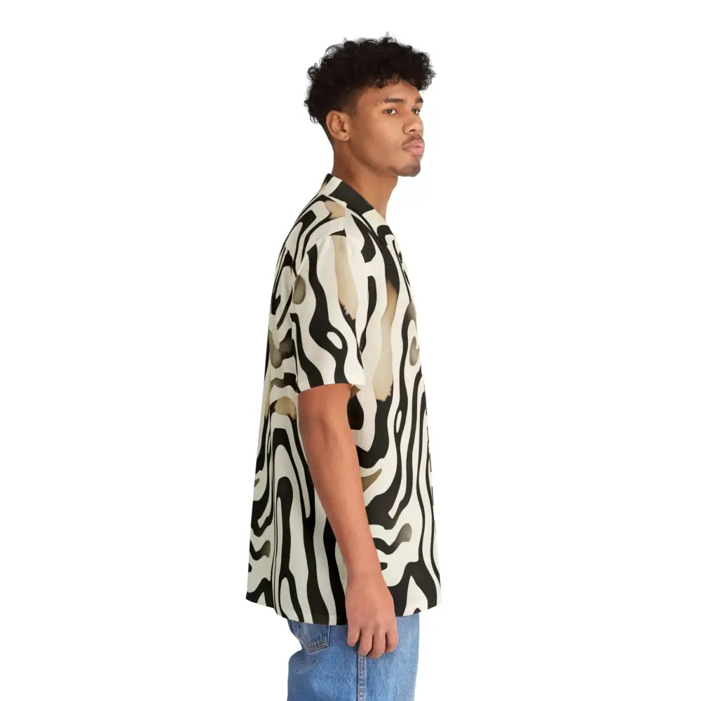 Zebra-striped short-sleeve shirt from Men’s Hawaiian Shirt Waveline Ritual by PixiOnyx Surrealwear