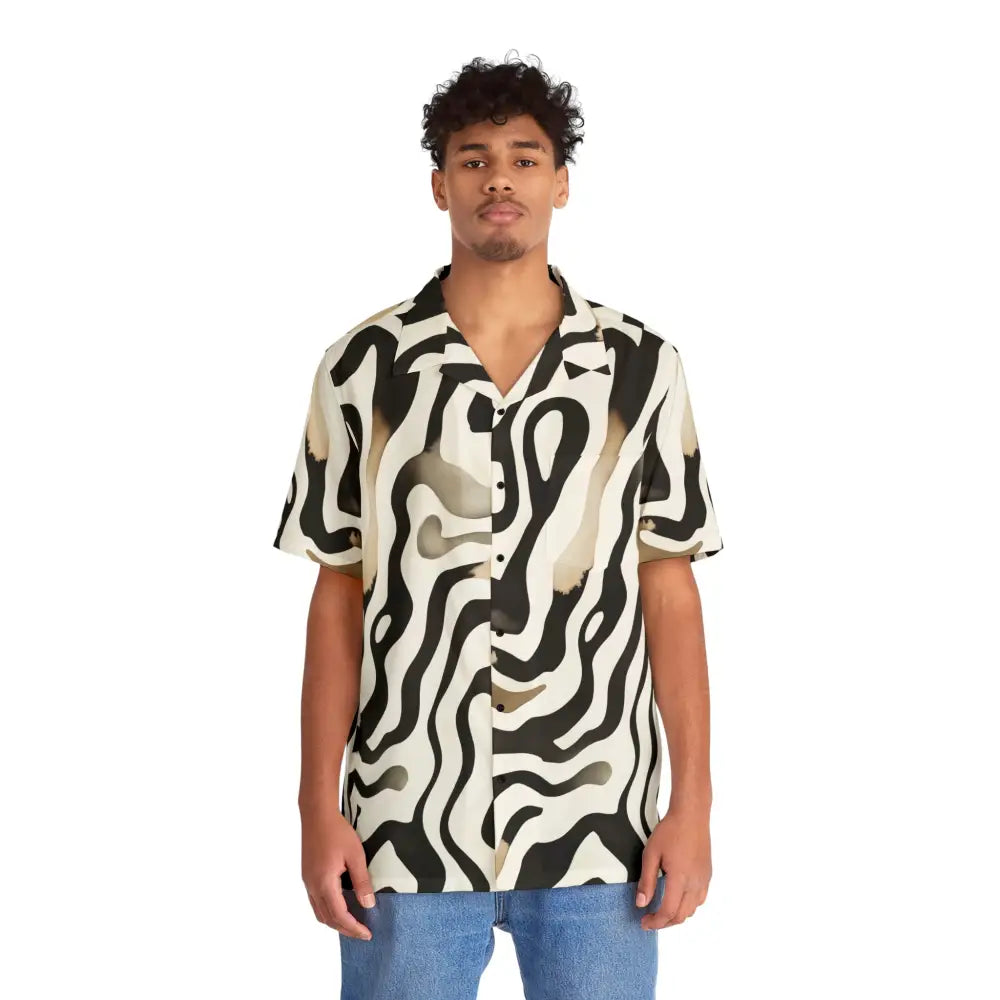 Man in patterned short-sleeved Hawaiian shirt from PixiOnyx Surrealwear Waveline Ritual collection