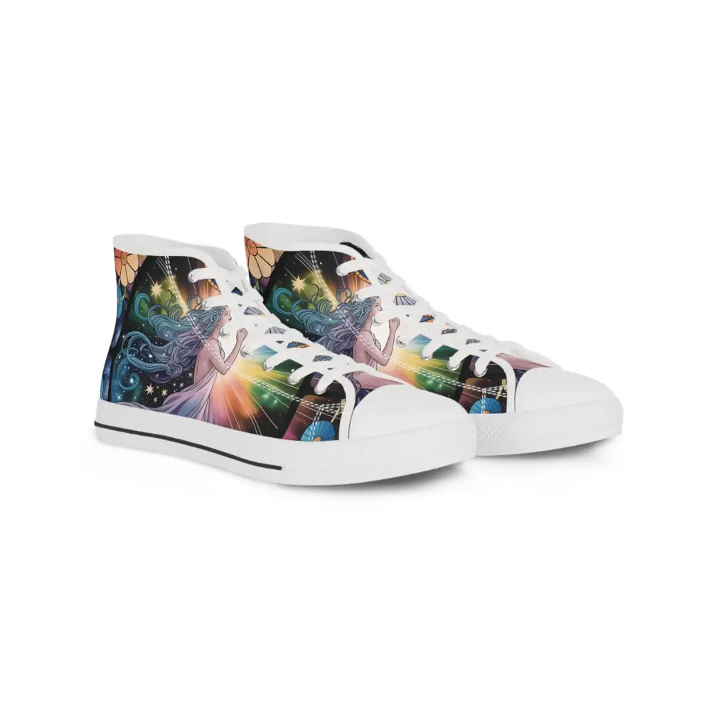 Pair of high-top sneakers in Celestial Bloom design from PixiOnyx Artistic Streetwear