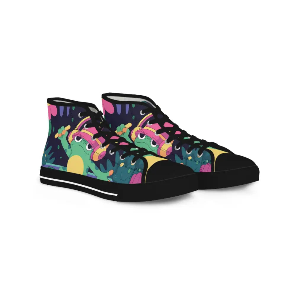 Pair of high-top sneakers with cartoon frog design from DJ Frog Lilygroove PixiOnyx Festival Kicks