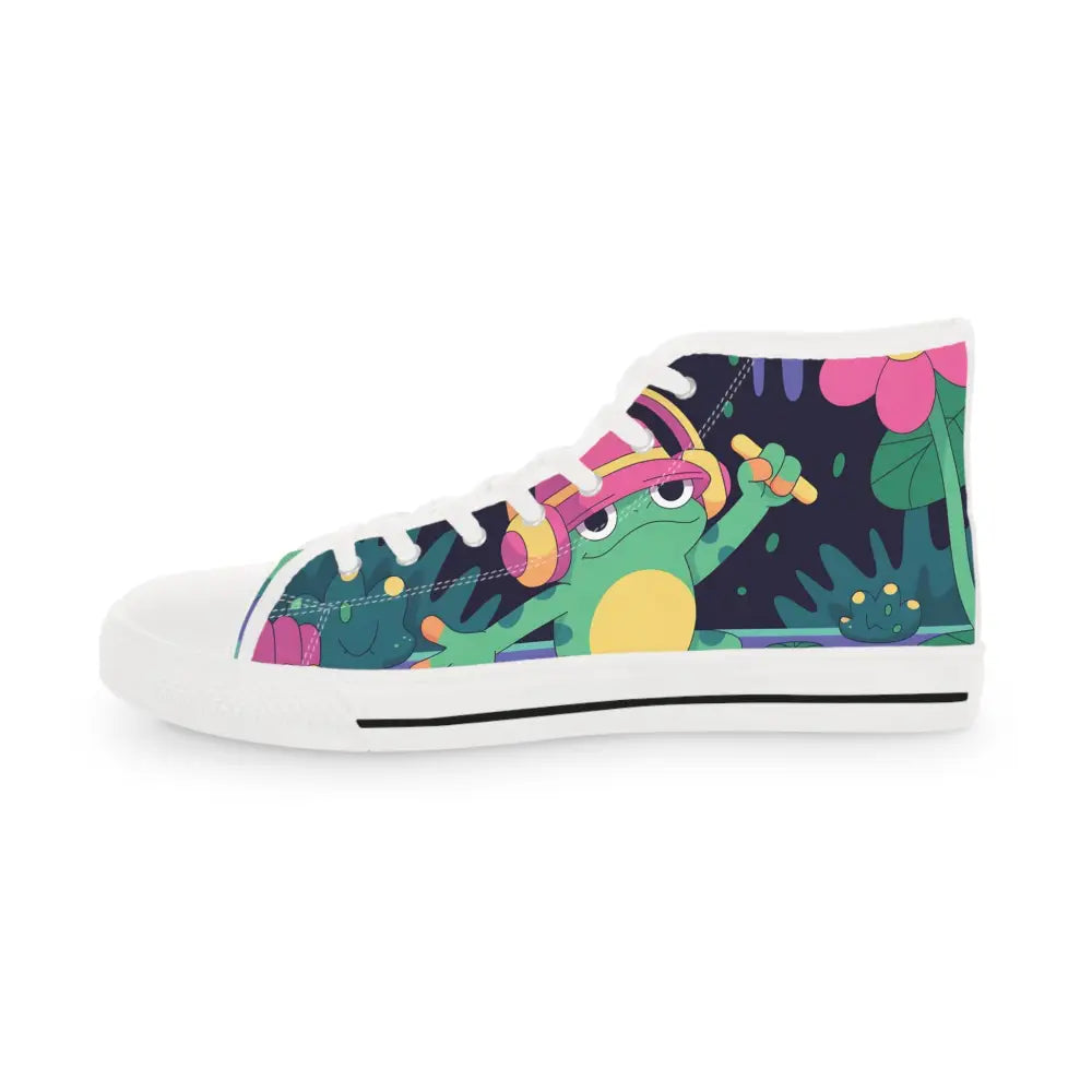 Men’s high-top sneaker with vibrant frog design by DJ Frog Lilygroove PixiOnyx Festival Kicks