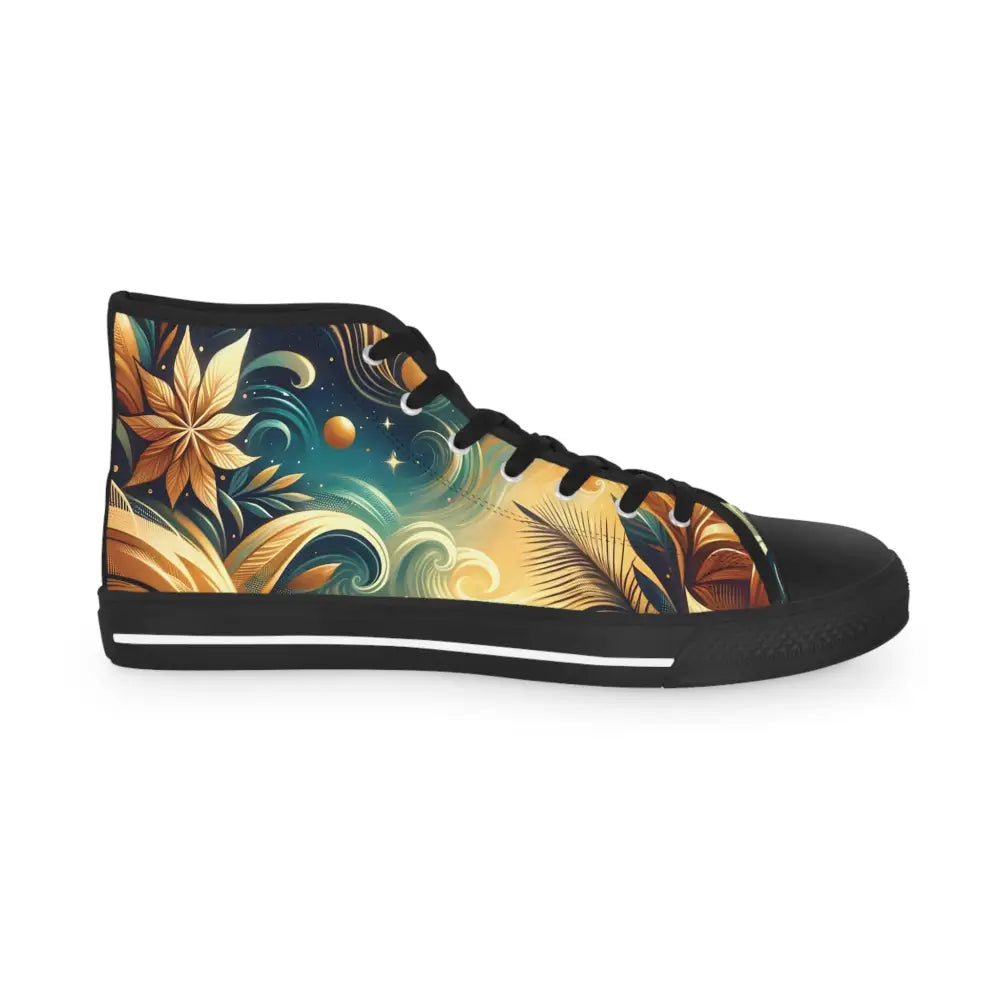 Men’s High Top Sneakers with floral and celestial design from PixiOnyx Flux Nebula Bloom Cascade