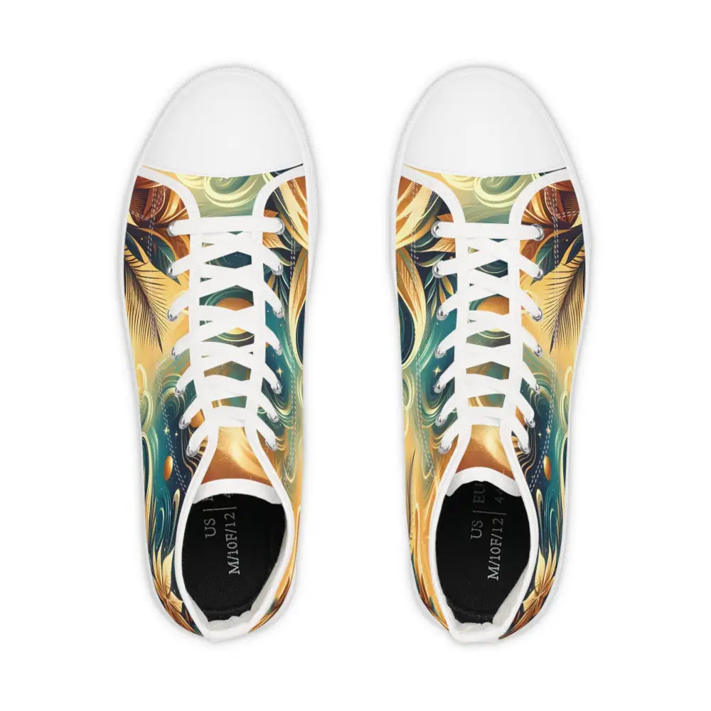 Pair of patterned high-top sneakers from Nebula Bloom Cascade collection by PixiOnyx Footwear Flux