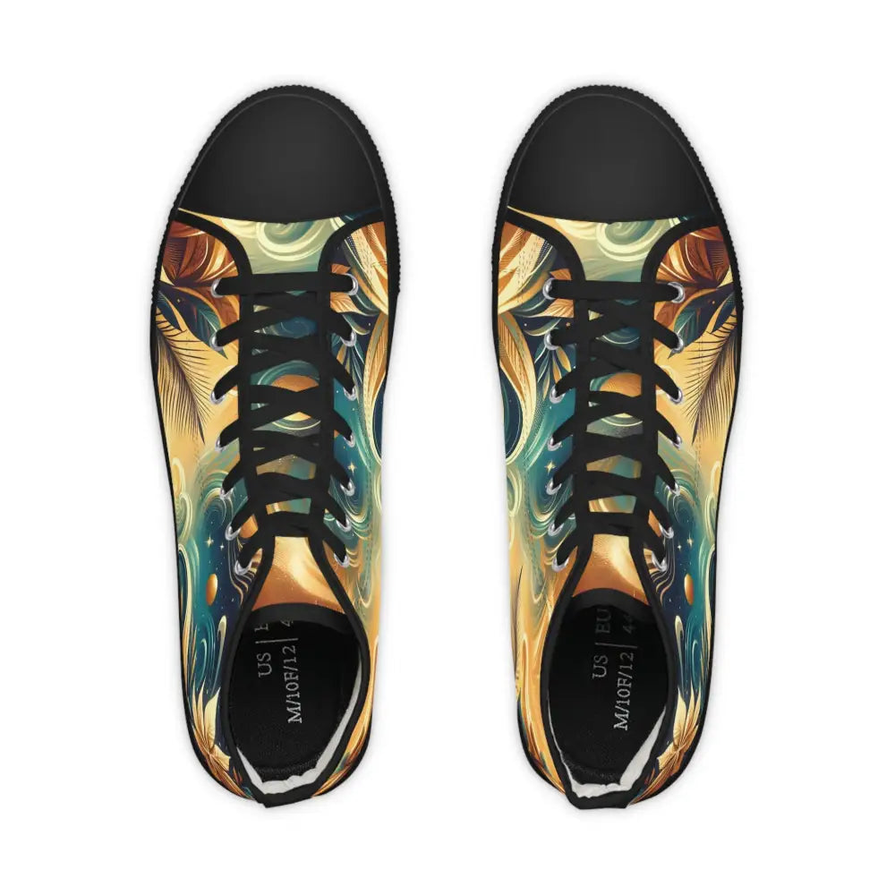 Artistic men’s high-top sneakers named Nebula Bloom Cascade by PixiOnyx Footwear Flux