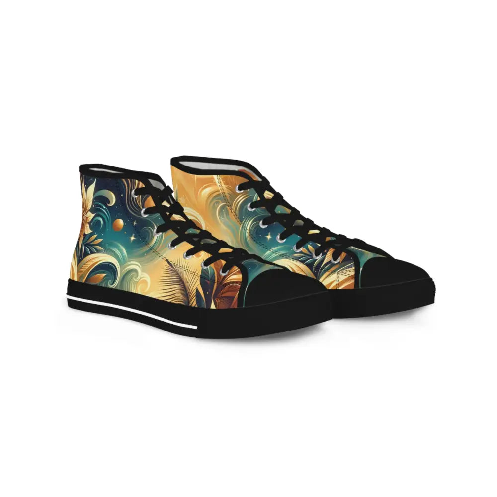 Floral-patterned high-top sneakers from Nebula Bloom Cascade collection by PixiOnyx Footwear Flux