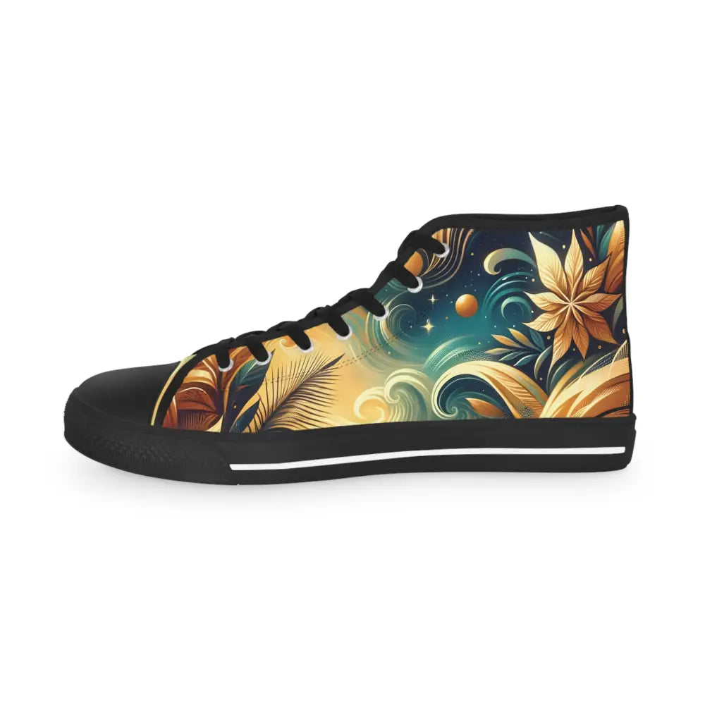 Men’s High Top Sneakers Nebula Bloom Cascade with floral and celestial design in PixiOnyx Footwear flux
