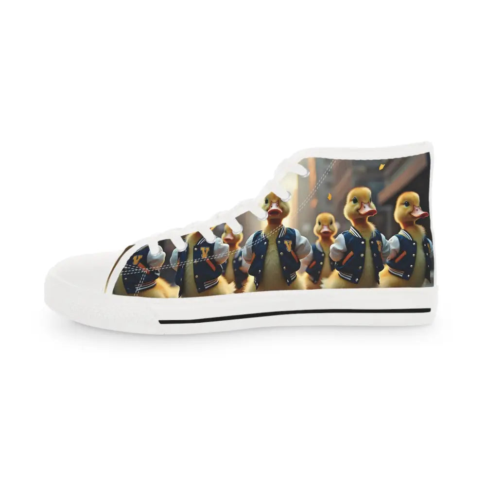 Men’s High Top Sneakers with Duckling Print from PixiOnyx Varsity Duck Squad collection