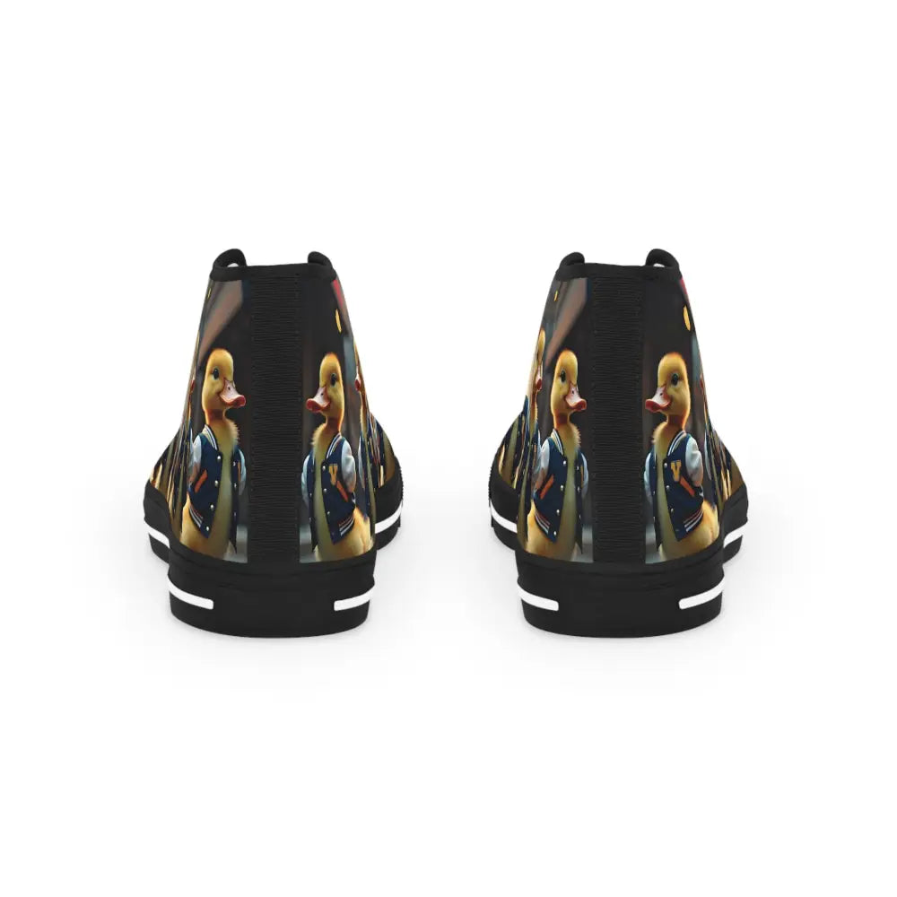 Duck-themed high-top sneakers from Varsity Duck Squad for Men on PixiOnyx Street Surreal Footwear