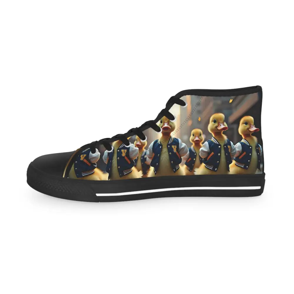 Black high-top sneaker with duckling print from PixiOnyx Varsity Duck Squad collection