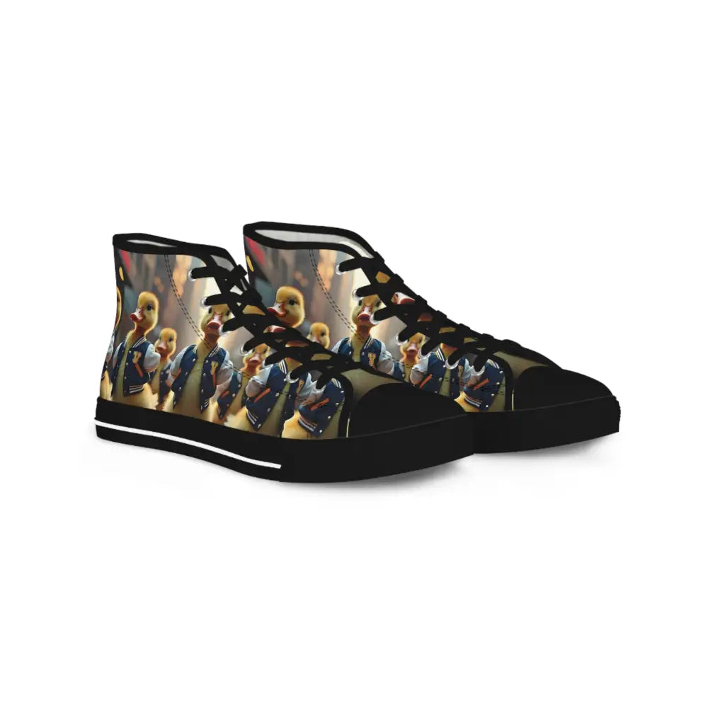 Duck-themed high-top sneakers in Varsity Duck Squad style by PixiOnyx Street Surreal Footwear