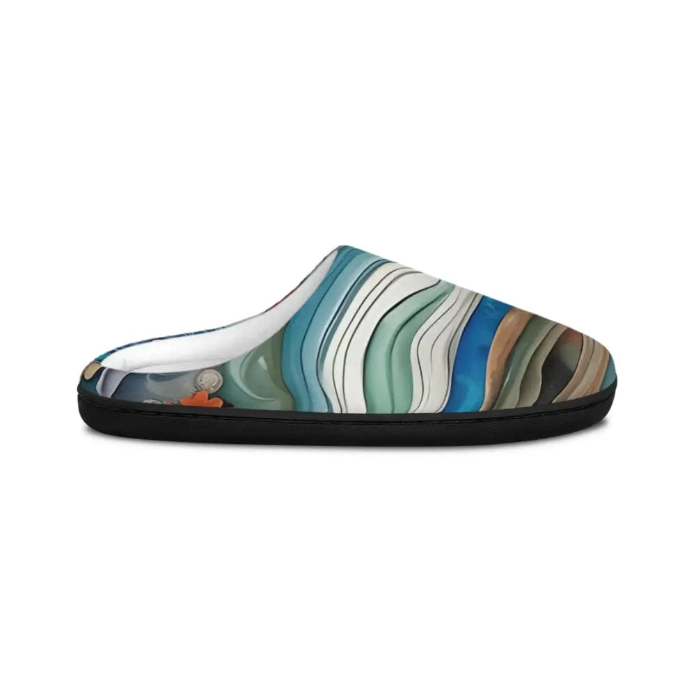 Abstract-patterned men’s indoor slipper with black sole from PixiOnyx Coastal Calm collection