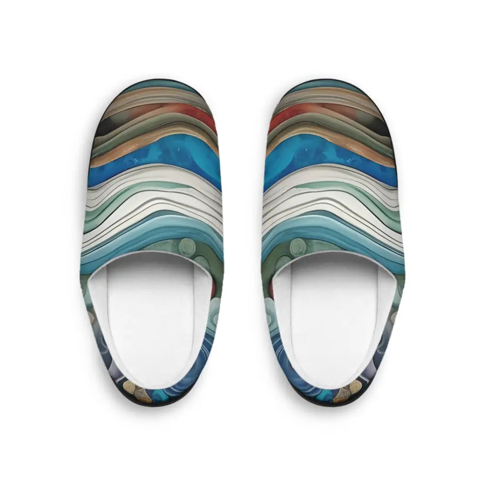 Colorful patterned men’s indoor slippers with abstract ocean design for coastal relaxation