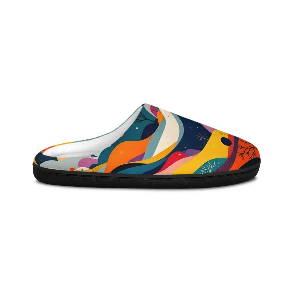 Colorful abstract-patterned men’s indoor slippers from Flowstate Mirage by PixiOnyx Psychedelic Comfortwear