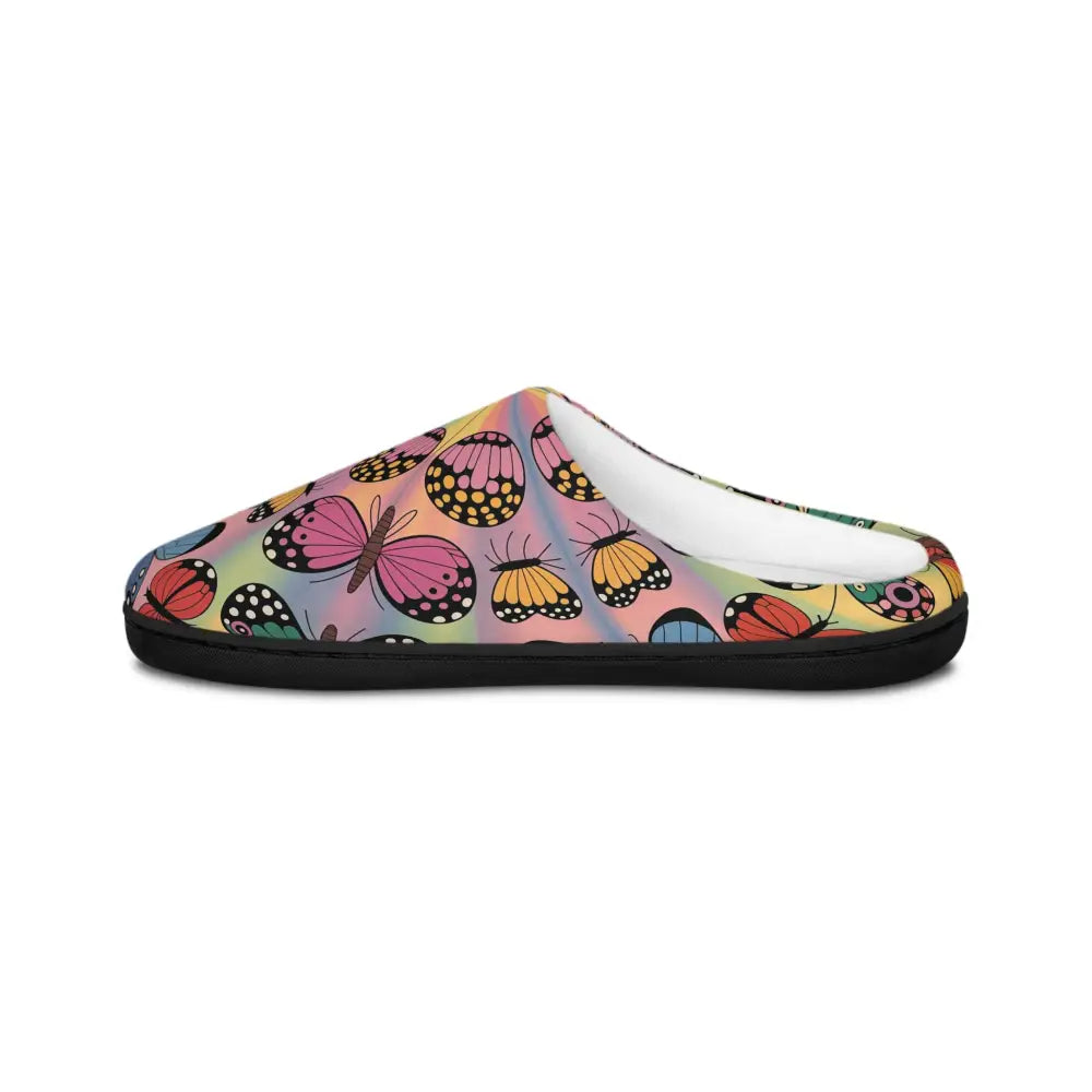 Colorful indoor slippers with vivid butterfly symmetries and kaleidoscope flight pattern