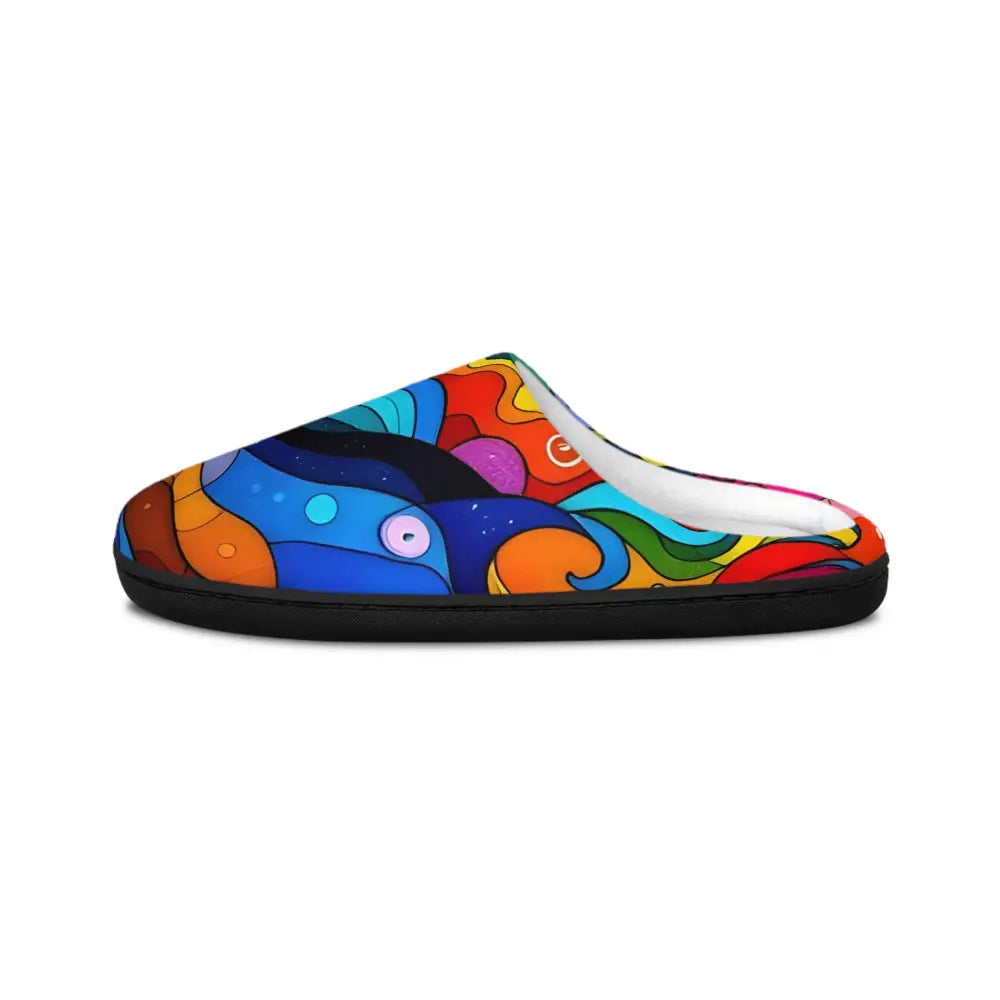 Colorful patterned men’s indoor slipper with vibrant abstract art design by PixiOnyx