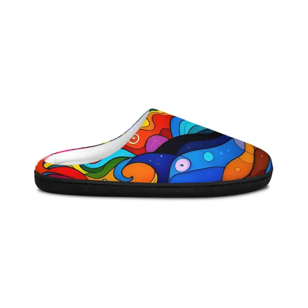 Colorful patterned men’s indoor slipper with vibrant abstract art design by PixiOnyx