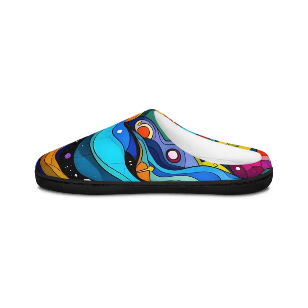 Abstract patterned men’s indoor slippers with vibrant spectrum layered abstract art design