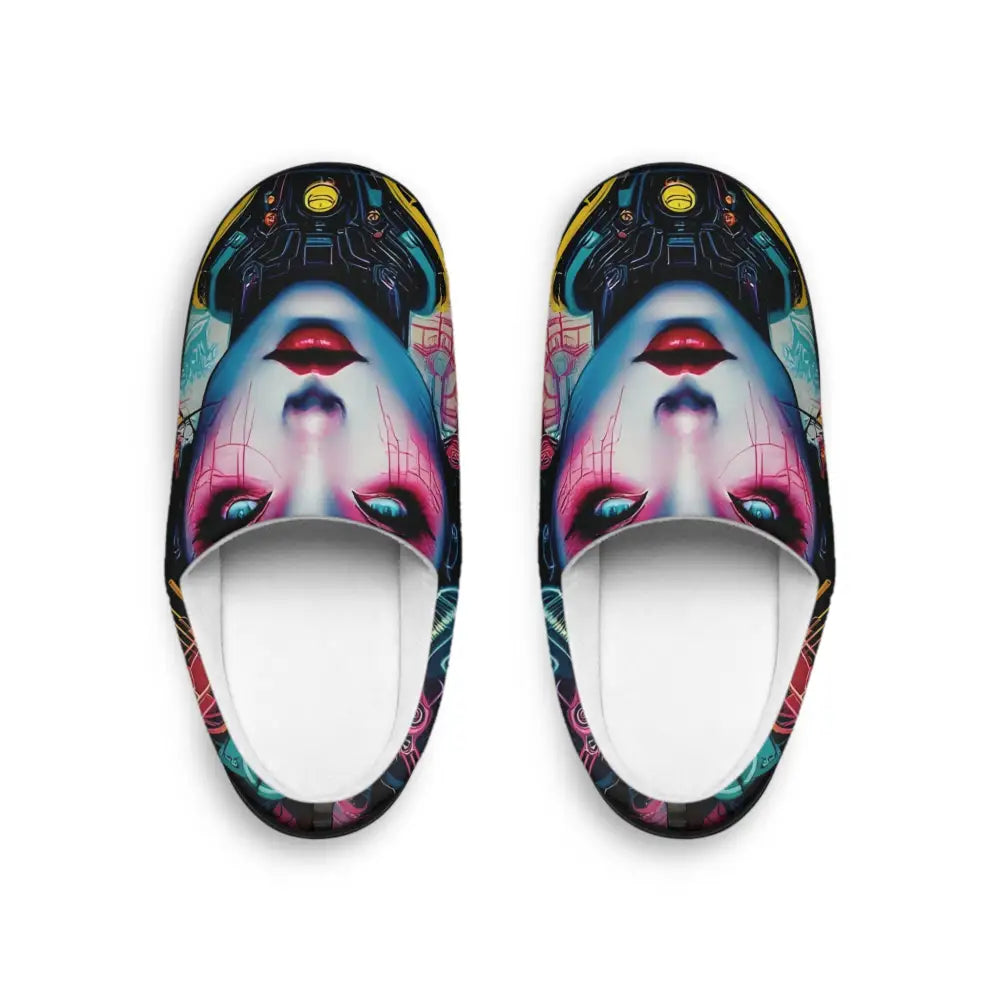 Cyberpunk-themed slippers with futuristic design and cyber Zen elements by PixiOnyx