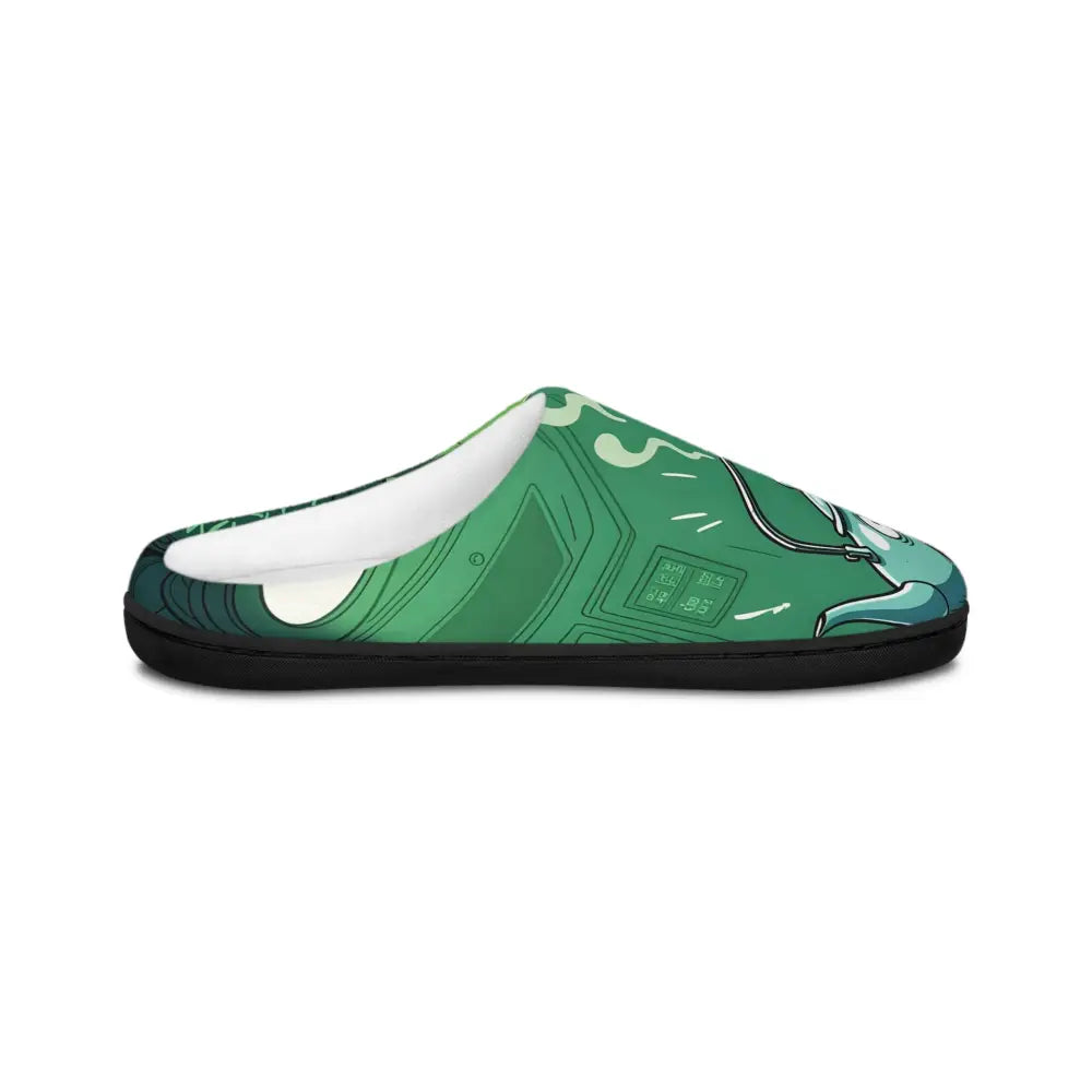 Green slipper with cartoon alien design from Men’s Indoor Slippers Probe Protocol collection