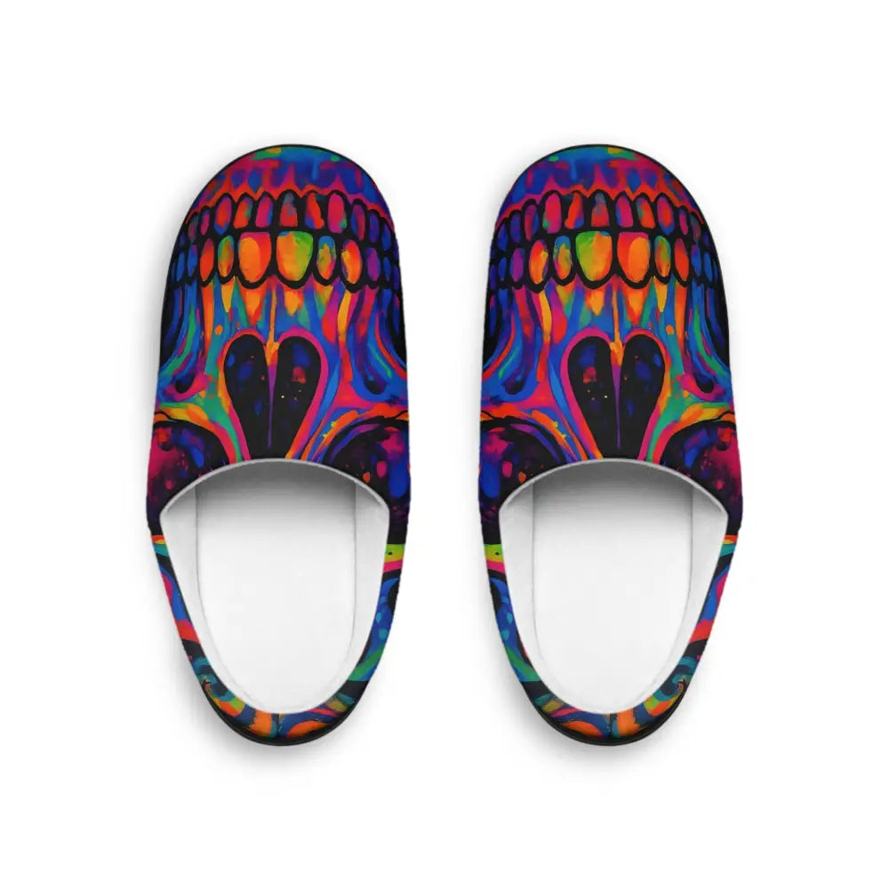 Colorful skull-patterned slippers for men from PixiOnyx Neon Skeleton Art collection