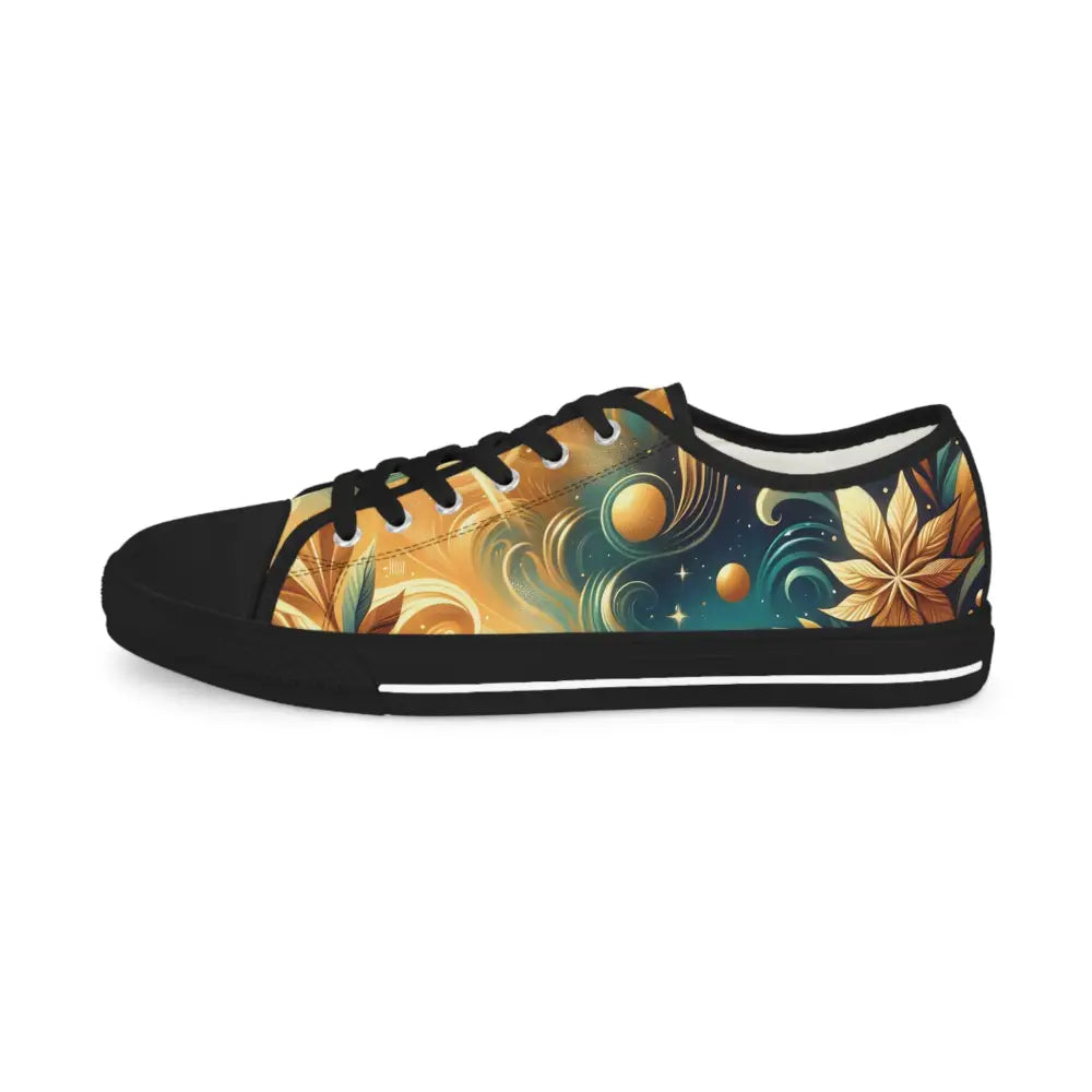 Floral and celestial patterned men’s low top sneakers called Nebula Bloom Cascade by PixiOnyx