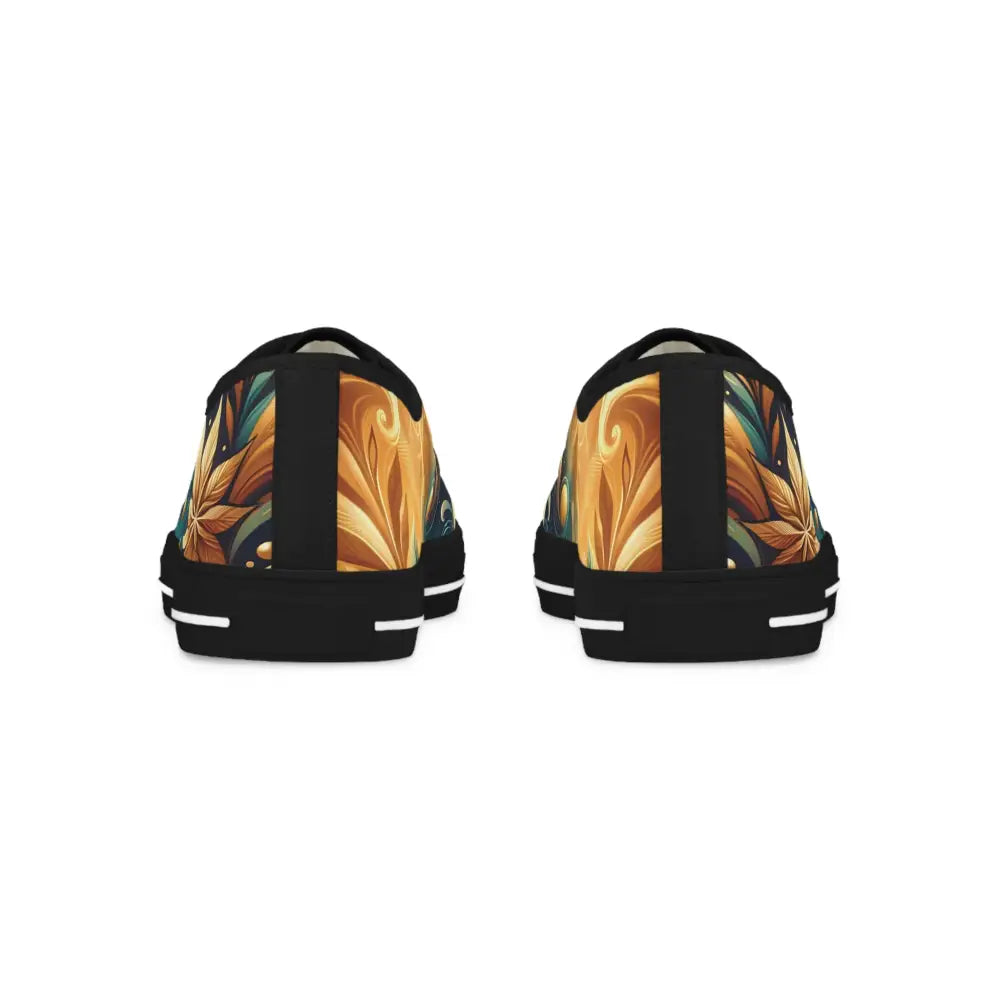 Floral-patterned black sneakers from Men’s Low Top Sneakers Nebula Bloom Cascade by PixiOnyx