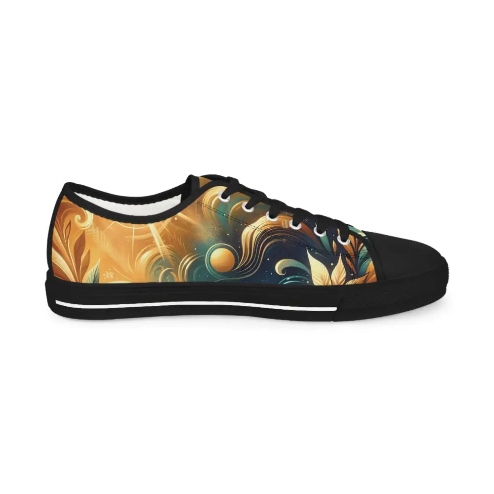 Floral-patterned black-trimmed men’s Low Top Sneakers from Nebula Bloom Cascade by PixiOnyx