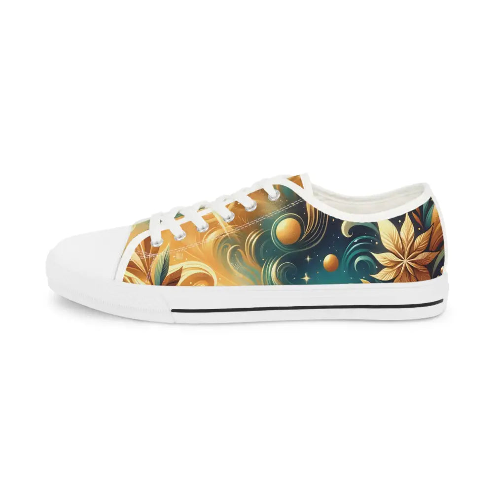 Floral and celestial patterned Men’s Low Top Sneakers Nebula Bloom Cascade by PixiOnyx