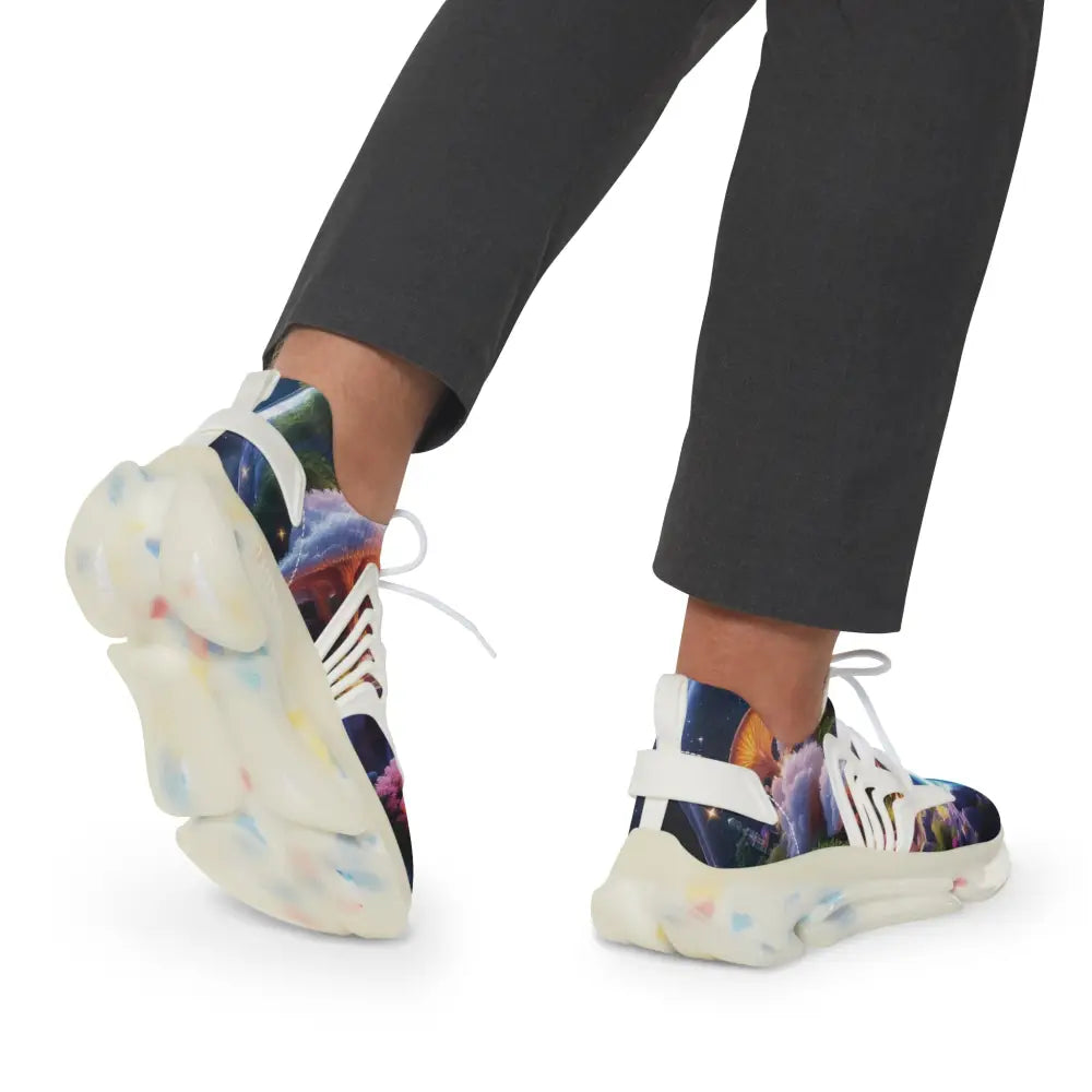 Galaxy-patterned mesh sneakers with chunky soles from Men’s Mesh Sneakers Cosmic Heart by PixiOnyx Astral Footwear