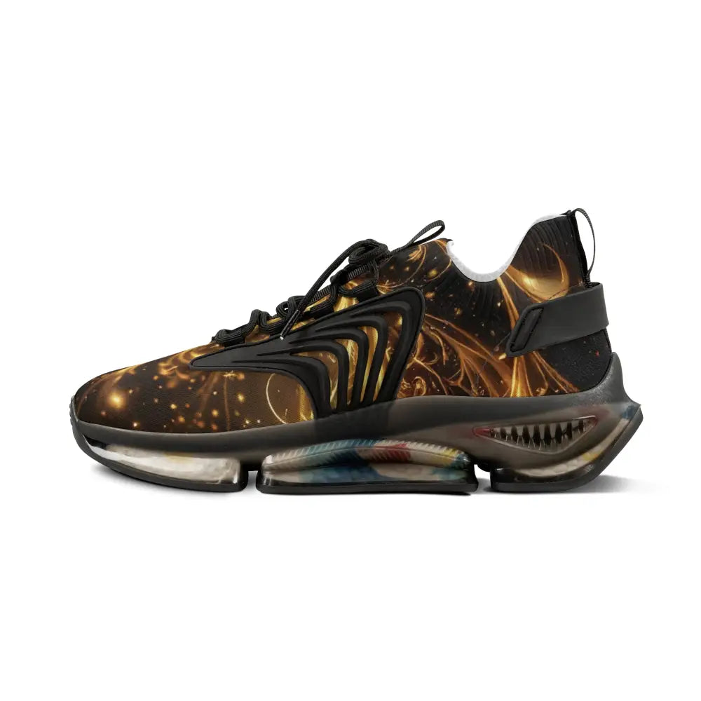 Ornate black and gold athletic shoe from Men’s Mesh Sneakers Golden Swirl Mirage by PixiOnyx