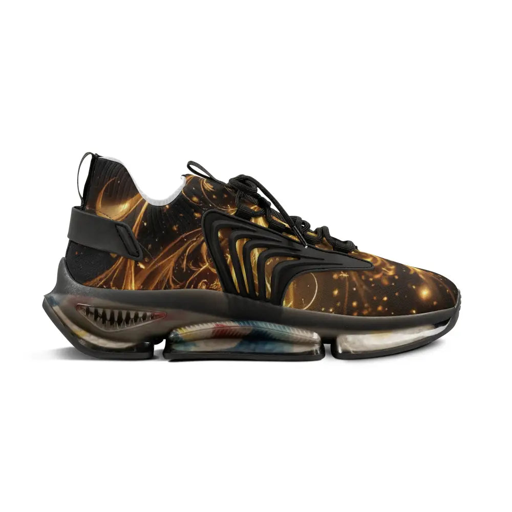 Black and gold patterned athletic shoe from Men’s Mesh Sneakers Golden Swirl Mirage