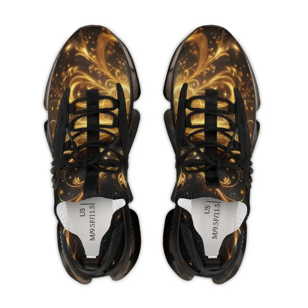 Pair of gold and black patterned Sneakers from Men’s Mesh Sneakers Golden Swirl Mirage by PixiOnyx Dark Luxe Streetwear