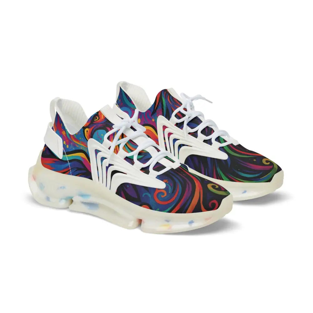 Colorful swirl-patterned Men’s Mesh Sneakers Rebirth in Neon Flame PixiOnyx Athletic Artwear