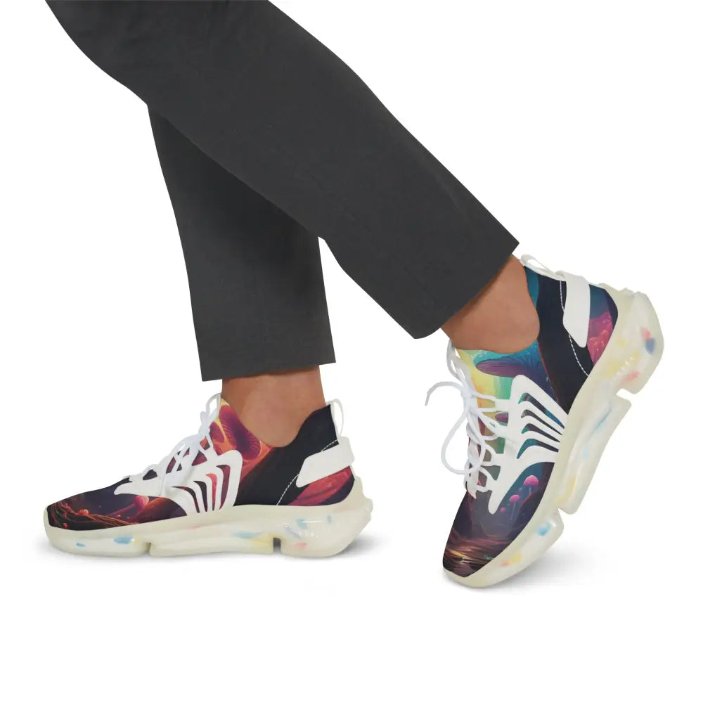 Colorful futuristic sneakers from Men’s Mesh Sneakers Shroom Bloom PixiOnyx Surreal Streetwear