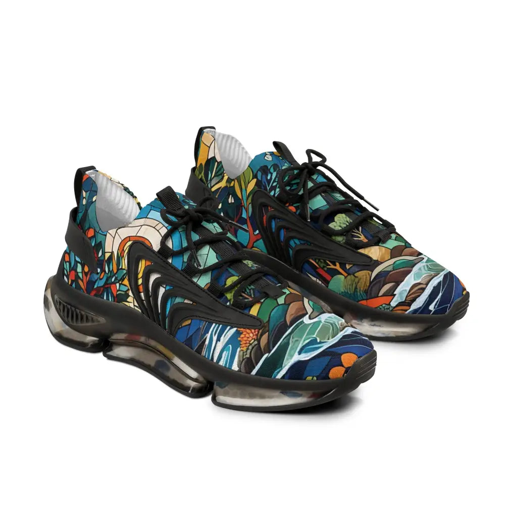 Patterned athletic shoes displayed in Men’s Mesh Sneakers – Stained Horizon by PixiOnyx Chromatic Streetwear