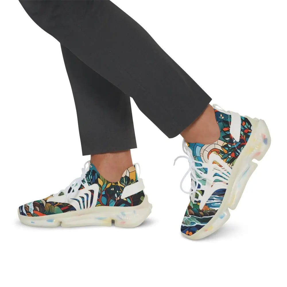 Colorful patterned sneakers from PixiOnyx Chromatic Streetwear Men’s Mesh Sneakers Stained Horizon