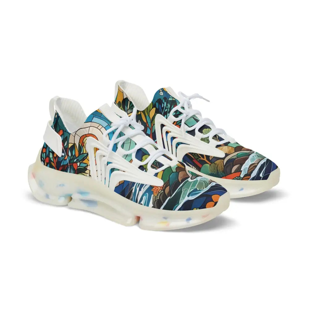Colorful patterned athletic shoes from Men’s Mesh Sneakers Stained Horizon by PixiOnyx Chromatic Streetwear