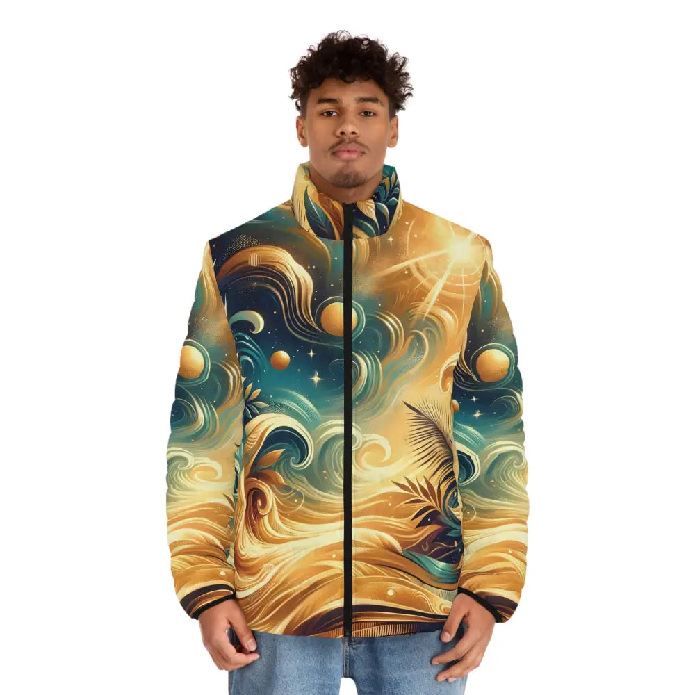 Artistic puffer jacket featuring vibrant Nebula Bloom Cascade design by PixiOnyx Cosmic Outerwear