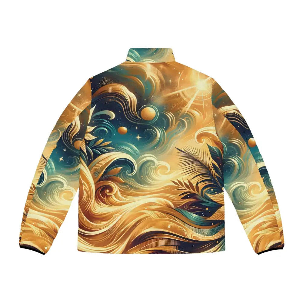 Artistic patterned men’s puffer jacket from PixiOnyx Nebula Bloom Cascade collection