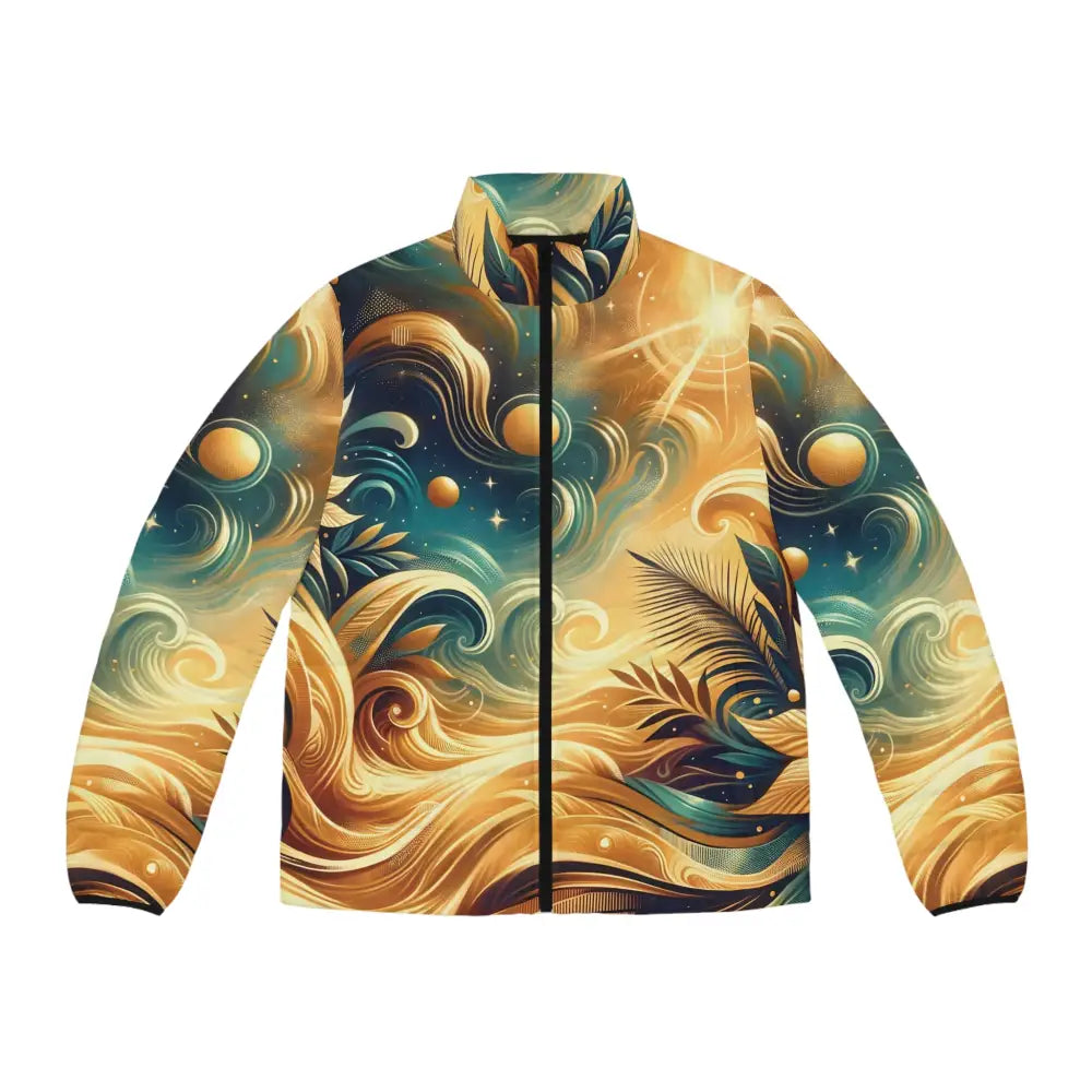 Artistic patterned men’s puffer jacket named Nebula Bloom Cascade by PixiOnyx Cosmic Outerwear
